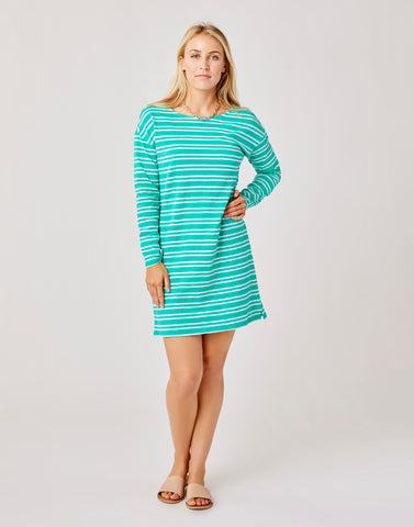 Sail to Sable Geo Stripe Long Sleeve Tunic Dress in Blue